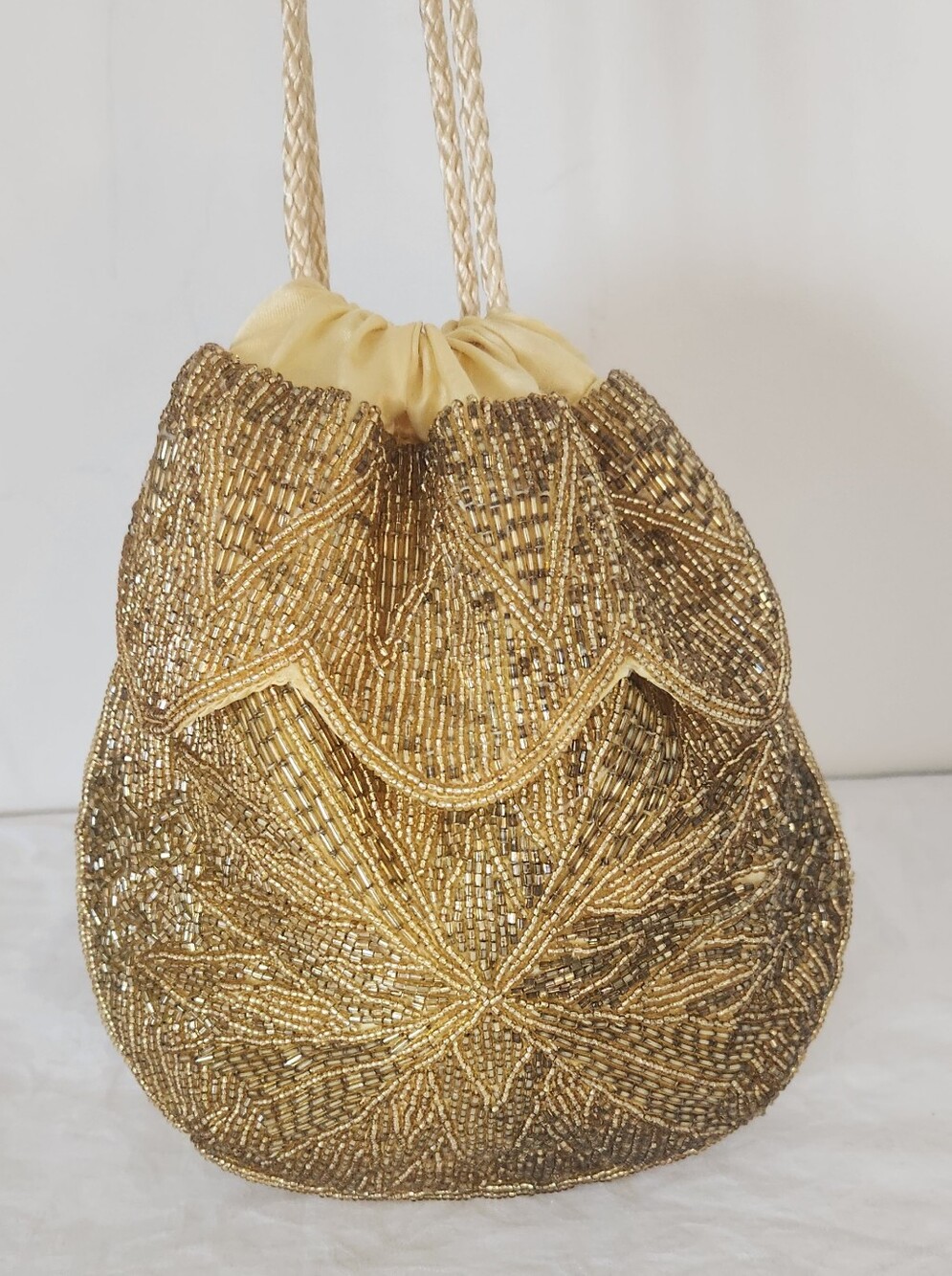 Vintage Gold Bead Satin Drawstring Purse